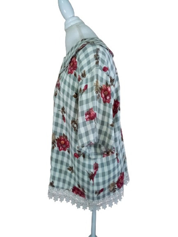 Vintage Gray Checkered Blouse Rose Pattern Peter … - image 6