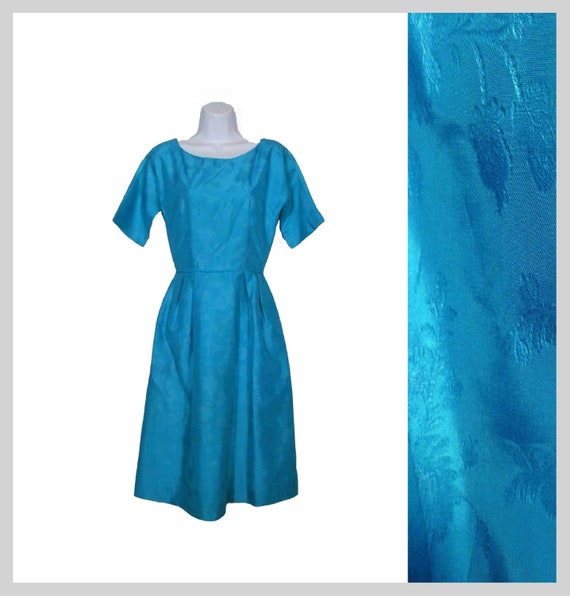 50s Blue Cocktail Dress Taffeta Dress Embossed Fl… - image 1