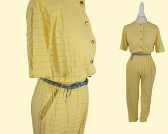 80s Yellow Jumpsuit Fashion Coverall Semi Sheer Belted By Nira Nira / Small / 1980s Valley Girl Co Ed Jumpsuit