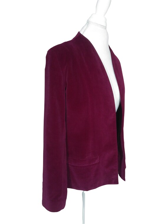 80s Burgundy Red Velvet Blazer Jacket Collarless … - image 3