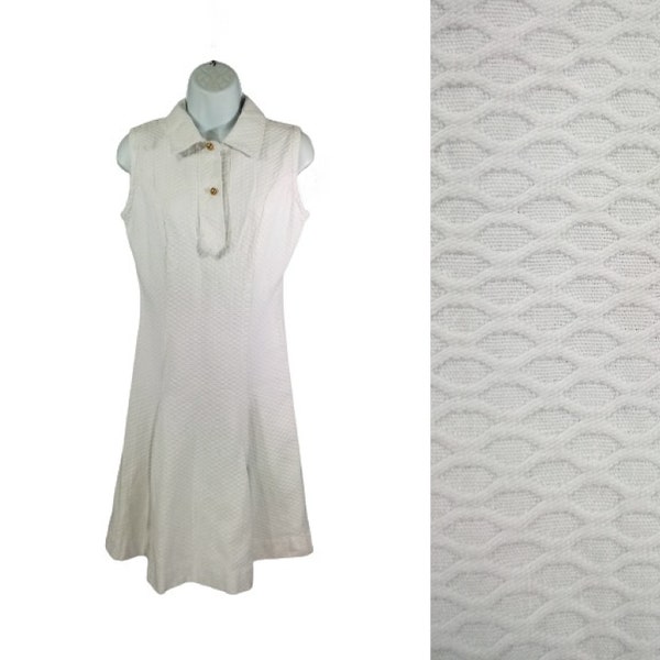 70s White Tennis Dress Waffle Cotton Blend Mini Dress By Sears Fashions / Size XS / Retro Hipster Active Wear Play Wear