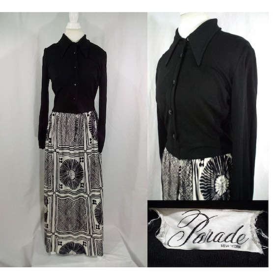 70s Black & White Print Maxi Dress Long Sleeve Bu… - image 1