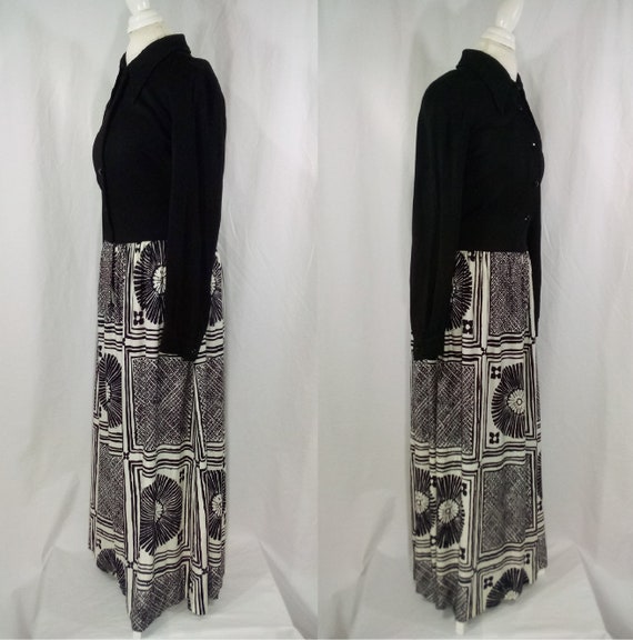 70s Black & White Print Maxi Dress Long Sleeve Bu… - image 4