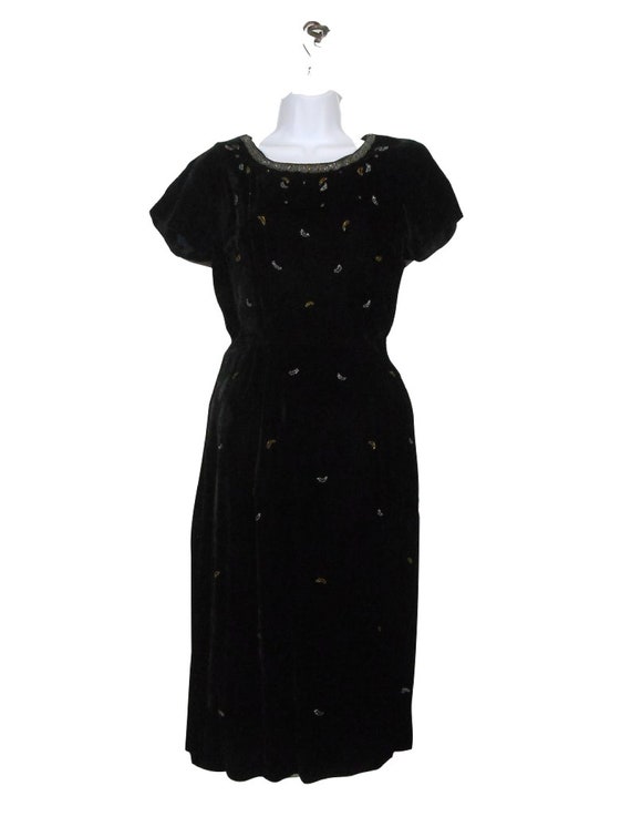 60s Black Velvet Dress Beaded Moon Dress By Champ… - image 2