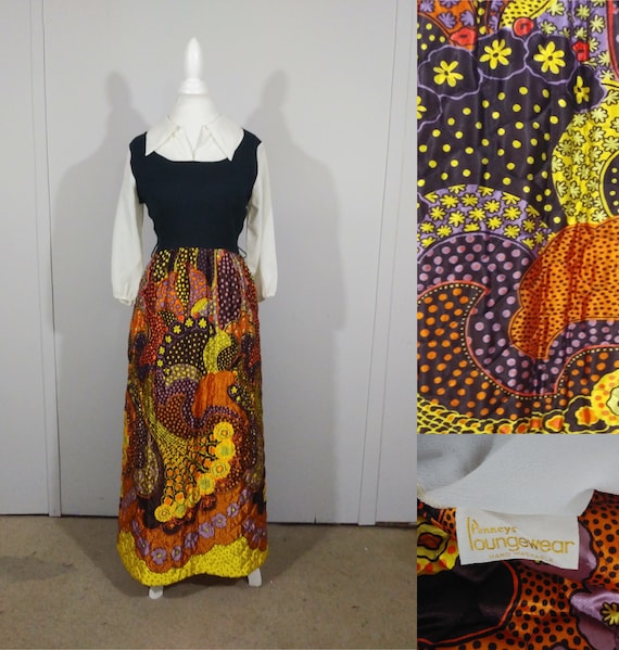 1970s Quilted Maxi Dress Sunburst Yellow & Orange… - image 1