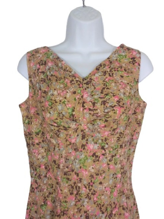 80s Pink & Brown Floral Sundress Sleeveless Pleat… - image 3