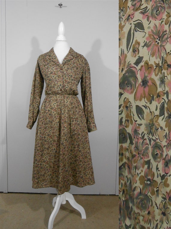 80s Olive Green Dress Fit And Flare Floral Print 1
