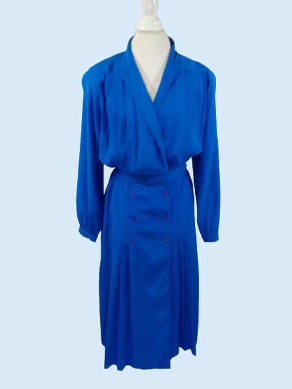 Vintage Blue Belted Blouson Dress Secretary Dress… - image 2