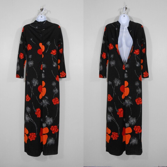 70s Black Maxi Sheath Dress Floral Print By Saul … - image 3