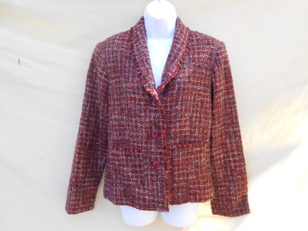 80s Wool Blend Dress Jacket Plaid Burgundy Fully Lined by Requirements