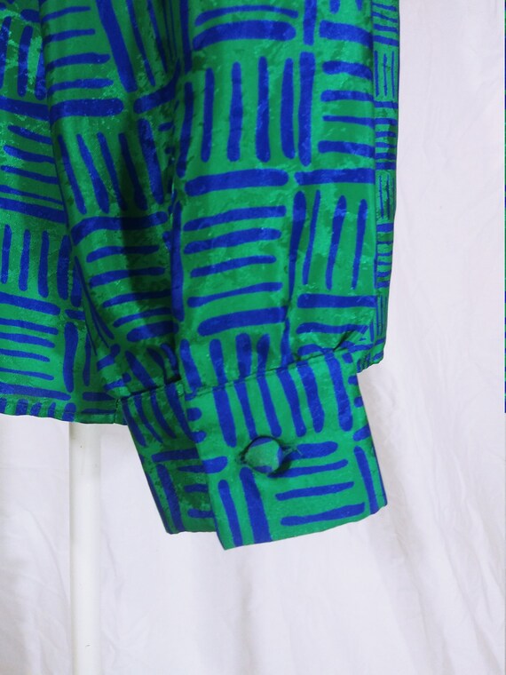 80s Gay Boyer Pussy Bow Blouse Green & Blue Strip… - image 9