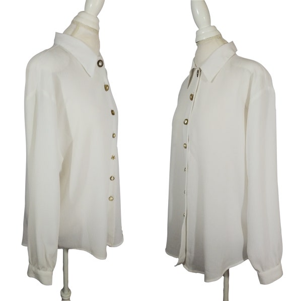 90s White Dress Blouse Semi Sheer 100% Polyester … - image 6