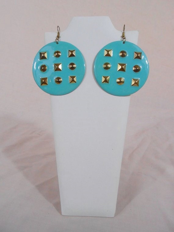 80s Metal Turquoise Earrings Costume Jewelry / La… - image 2