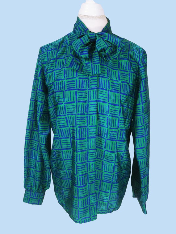 80s Gay Boyer Pussy Bow Blouse Green & Blue Strip… - image 2