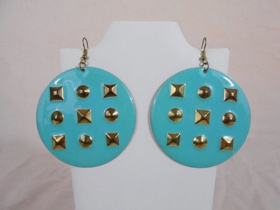 80s Metal Turquoise Earrings Costume Jewelry / La… - image 3