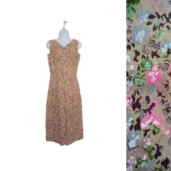 80s Pink & Brown Floral Sundress Sleeveless Pleat… - image 1