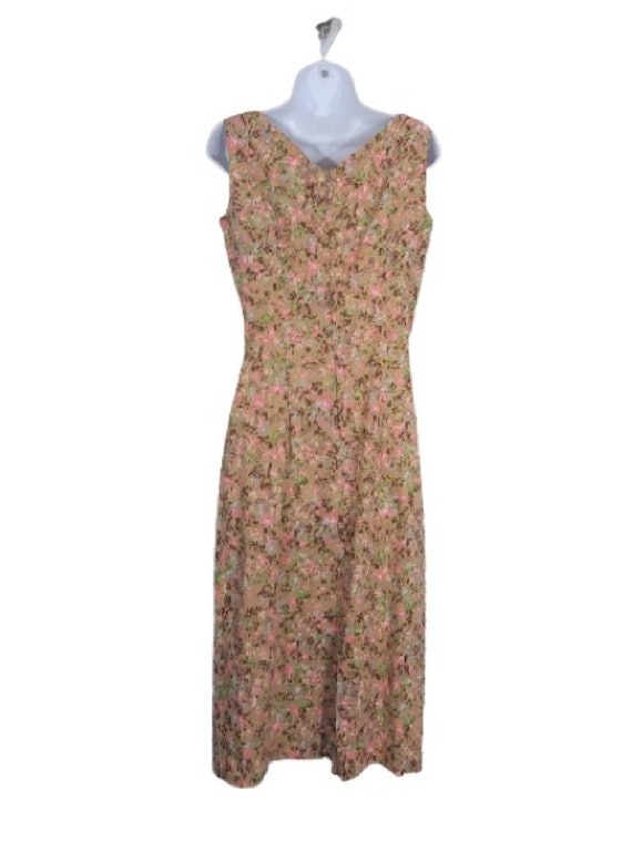 80s Pink & Brown Floral Sundress Sleeveless Pleat… - image 4