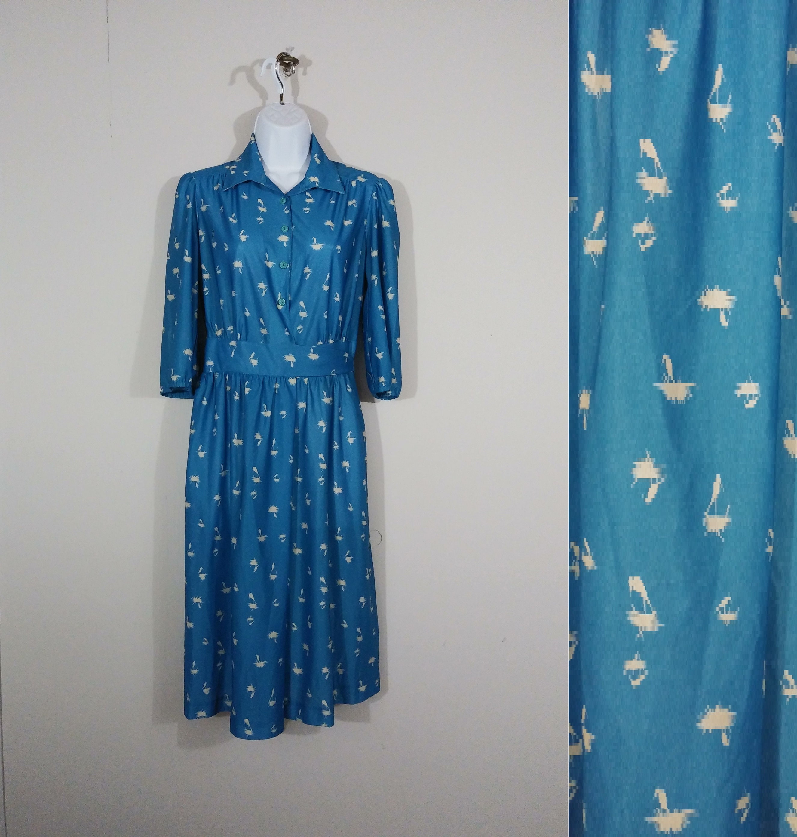 1970s Blue Polyester Wrap Dress Nesting Bird Print Semi Sheer Etsy