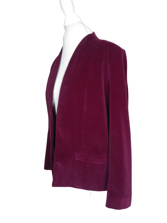 80s Burgundy Red Velvet Blazer Jacket Collarless … - image 5