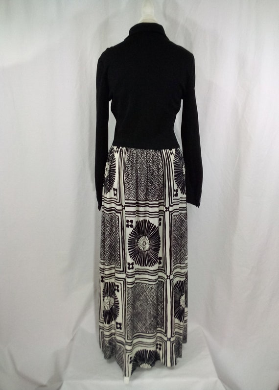 70s Black & White Print Maxi Dress Long Sleeve Bu… - image 3