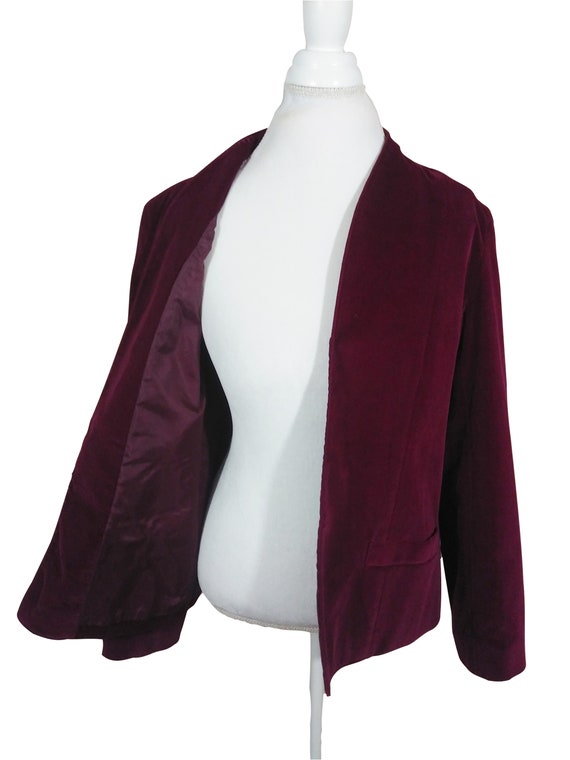 80s Burgundy Red Velvet Blazer Jacket Collarless … - image 6