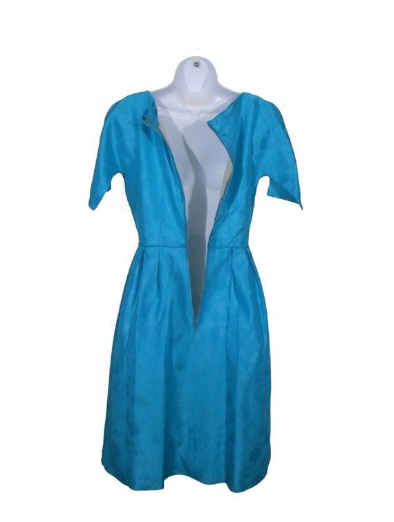 50s Blue Cocktail Dress Taffeta Dress Embossed Fl… - image 5