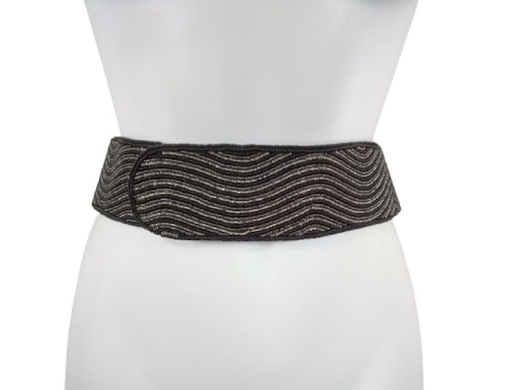 Buy Vintage Beaded Belt LA REGALE Black & Silver Velcro Belt  display picture 1