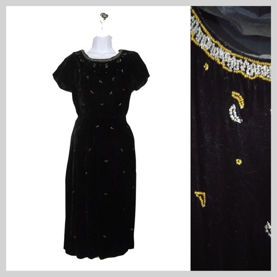 60s Black Velvet Dress Beaded Moon Dress By Champ… - image 1