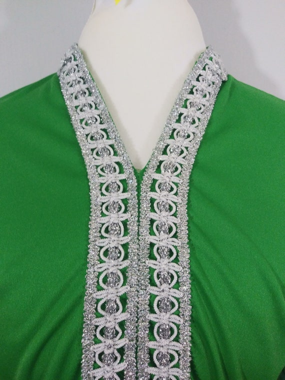 70s Green Maxi Dress Evening Gown Silver Trim / S… - image 5