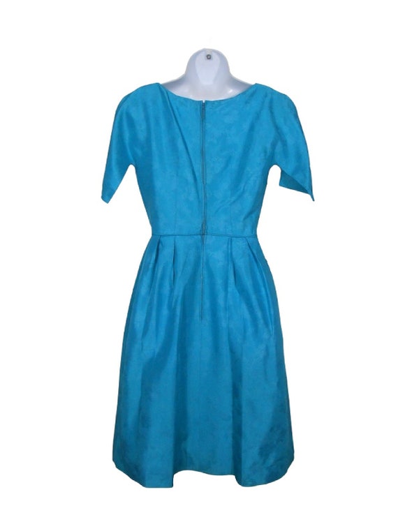 50s Blue Cocktail Dress Taffeta Dress Embossed Fl… - image 4