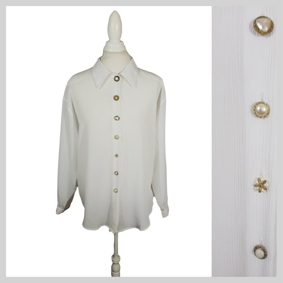 90s White Dress Blouse Semi Sheer 100% Polyester … - image 1