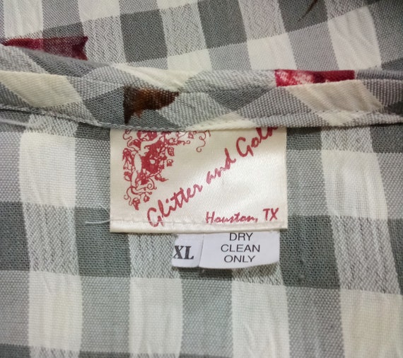 Vintage Gray Checkered Blouse Rose Pattern Peter … - image 10