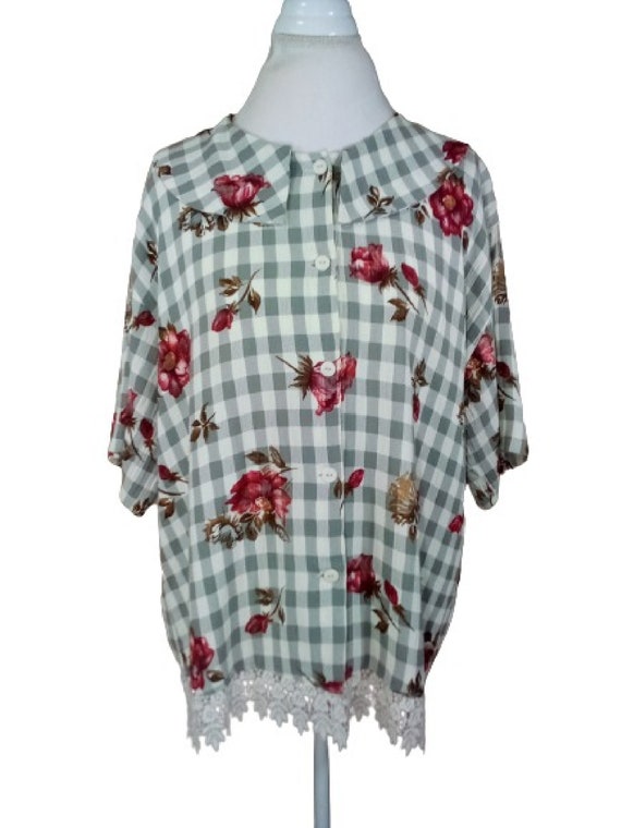 Vintage Gray Checkered Blouse Rose Pattern Peter … - image 2