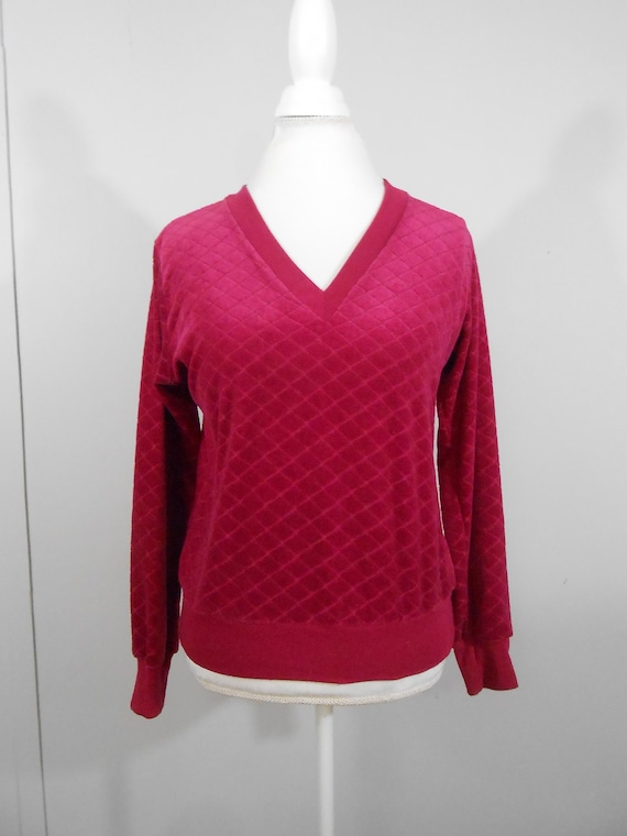1980s Red Velour Blouse V Neck Pullover / Medium … - image 2