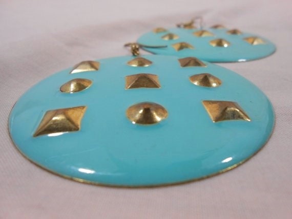80s Metal Turquoise Earrings Costume Jewelry / La… - image 5