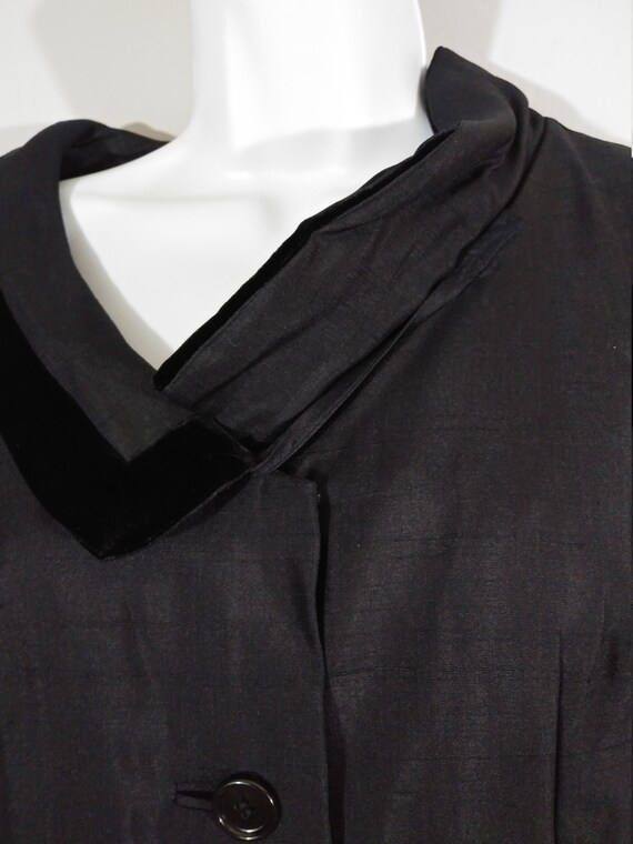 60s Black Silk Skirt Set Cropped Top Velvet Trim … - image 7
