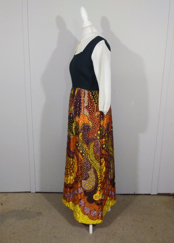 1970s Quilted Maxi Dress Sunburst Yellow & Orange… - image 3