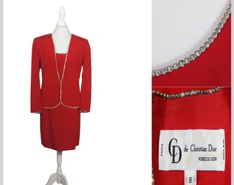 Vintage Christian Dior Red Silk Dress Suit, Rhinestone Accent - 1980s Size 8