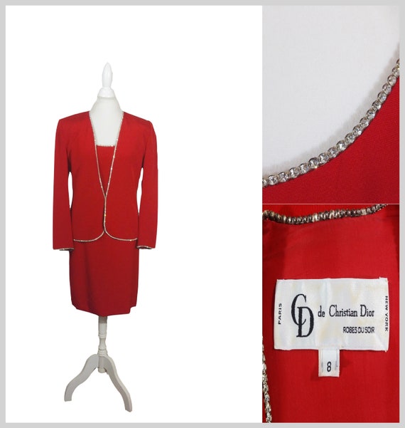 Vintage Christian Dior Red Silk Dress And Jacket … - image 1