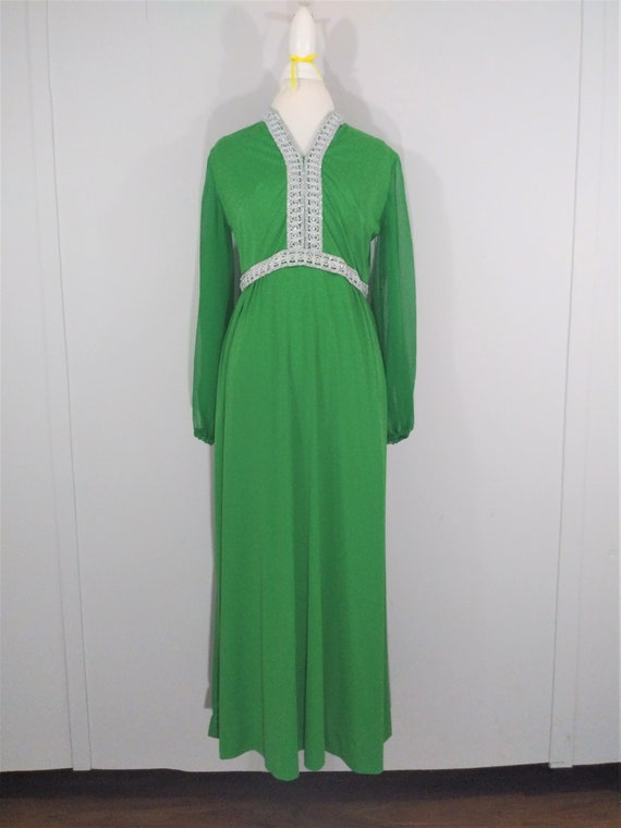 70s Green Maxi Dress Evening Gown Silver Trim / S… - image 2