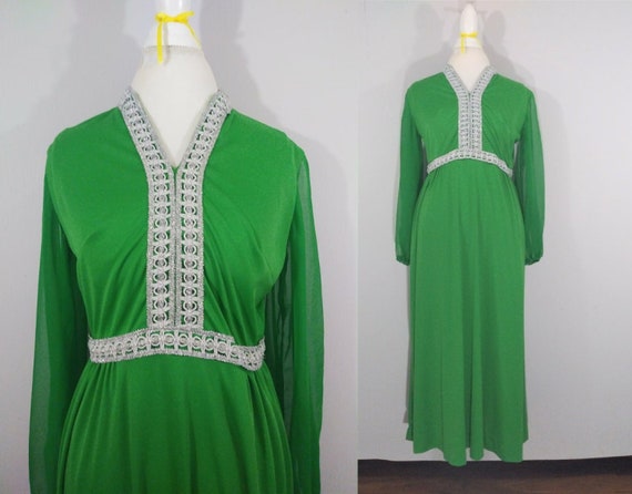 70s Green Maxi Dress Evening Gown Silver Trim / S… - image 1