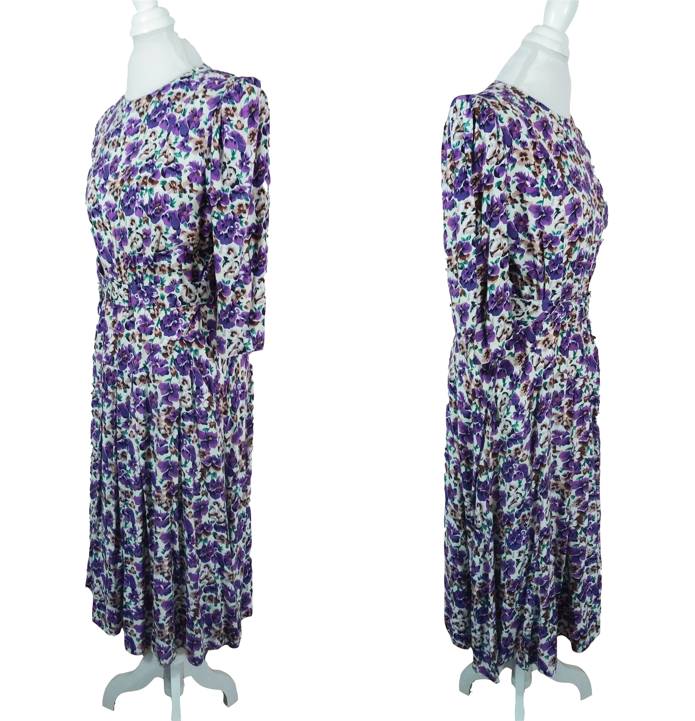 80s Purple Floral Dress Belted With Pockets 100 Rayon by E. D