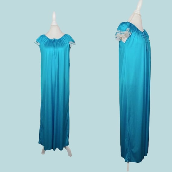70s Blue Night Gown Maxi Night Gown Lace Cap Sleeves 100% Polyester / Large  / 1970s Retro Lingerie Lounge Wear - Etsy