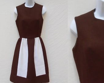 1960s Brown & White Dress  Fit And Flare Polyester / Size XS / 60s Mod Sleeveless Day Dress