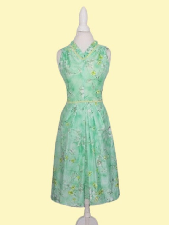 Vintage Fit N Flare Dress Green & Yellow Floral P… - image 2