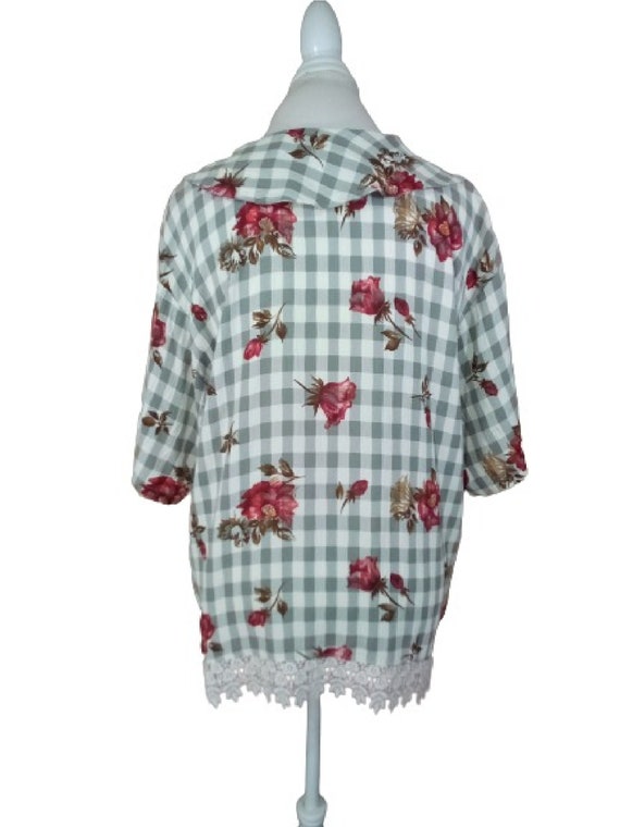 Vintage Gray Checkered Blouse Rose Pattern Peter … - image 3