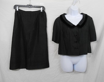 60s Czarny Jedwabny Spódnica Zestaw Przycięty Top Aksamitne Wykończenie / Mały / 1960s Mod Goth Hostess Glam Suit