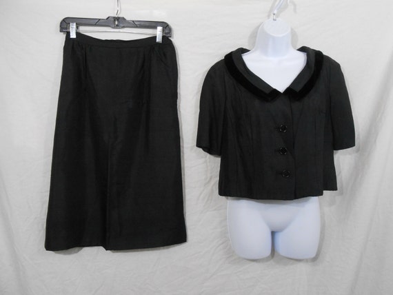 60s Black Silk Skirt Set Cropped Top Velvet Trim … - image 1
