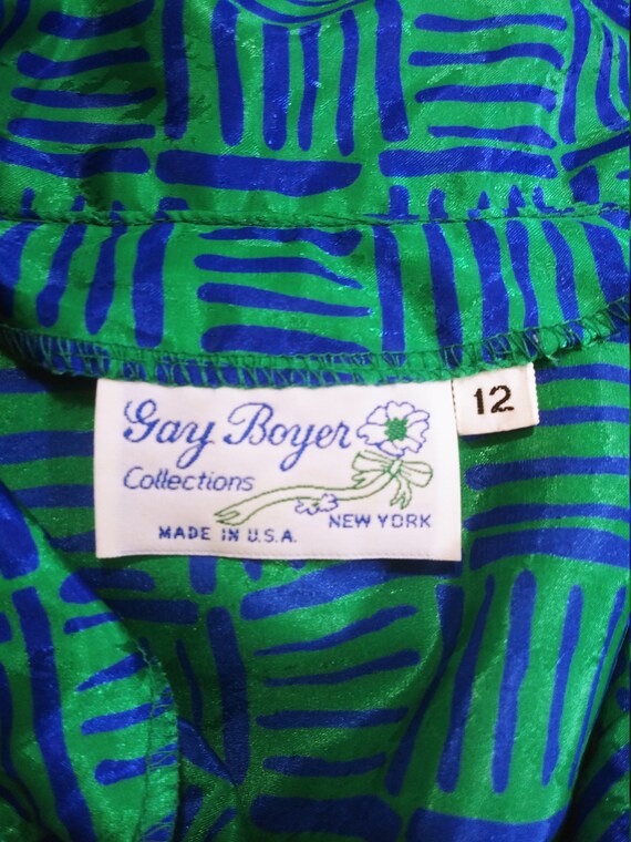 80s Gay Boyer Pussy Bow Blouse Green & Blue Strip… - image 10