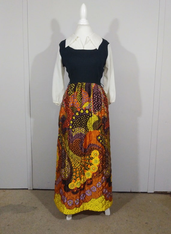 1970s Quilted Maxi Dress Sunburst Yellow & Orange… - image 2